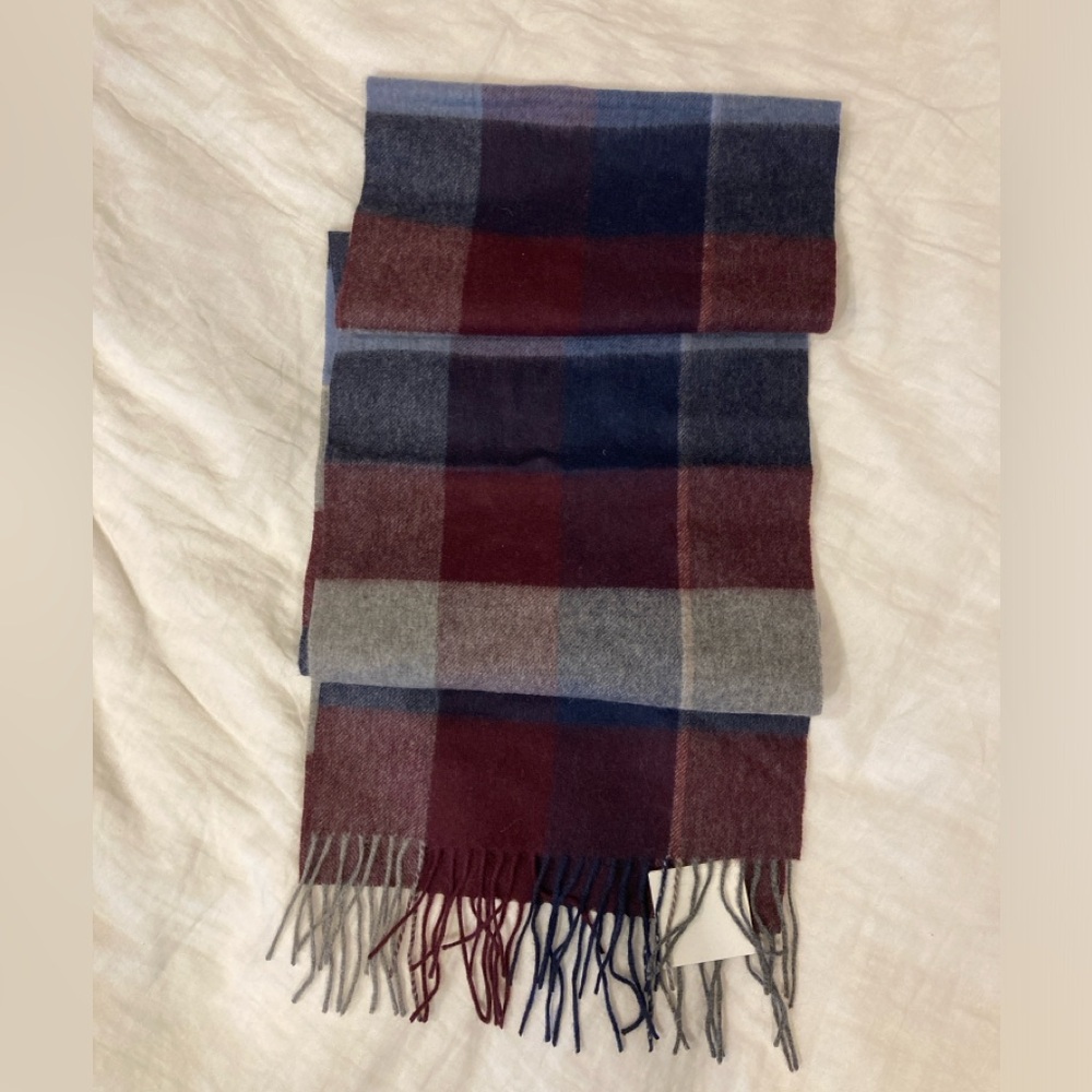 Plaid Wool Scarf in Red, Blue, and Gray